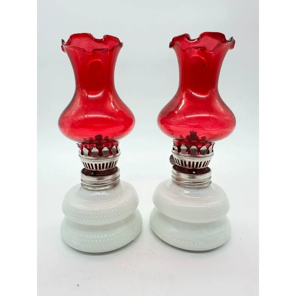 Vintage Miniature Oil Lamps Pair Ruby Red Fenton Style Milk Glass Hobnail 6.5